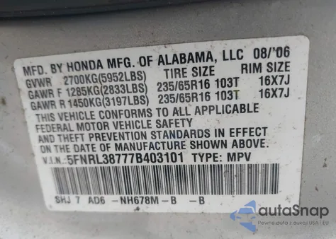 2007 Honda Odyssey Ex-L z USA, uszkodzony, nr VIN 5FNRL38777B403101